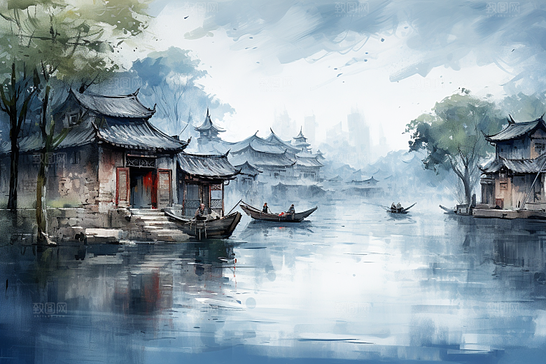 水墨江南粉墙黛瓦小镇插画