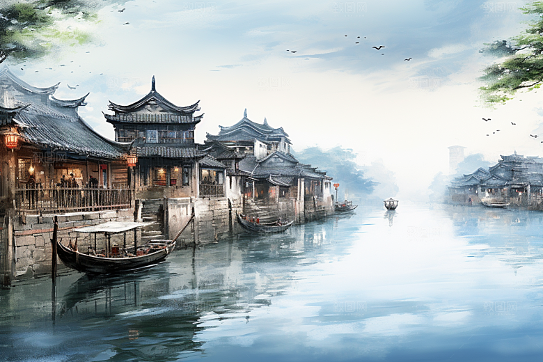 水墨江南中式小桥流水插画
