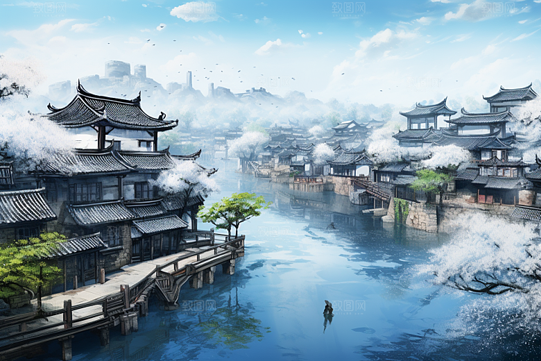 水墨江南小桥流水中国风插画