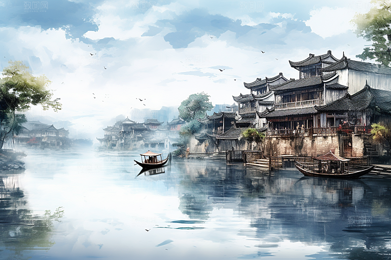 水墨江南中式水乡插画