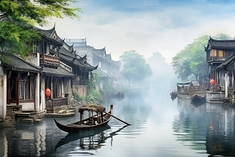 水墨江南手绘水乡插画