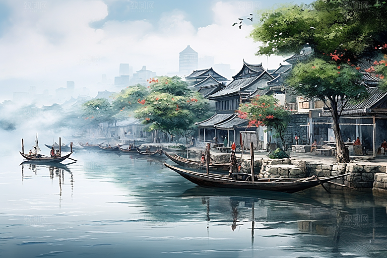 水墨江南粉墙黛瓦小桥流水插画