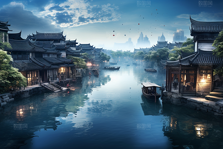 水墨江南晕染中国风插画