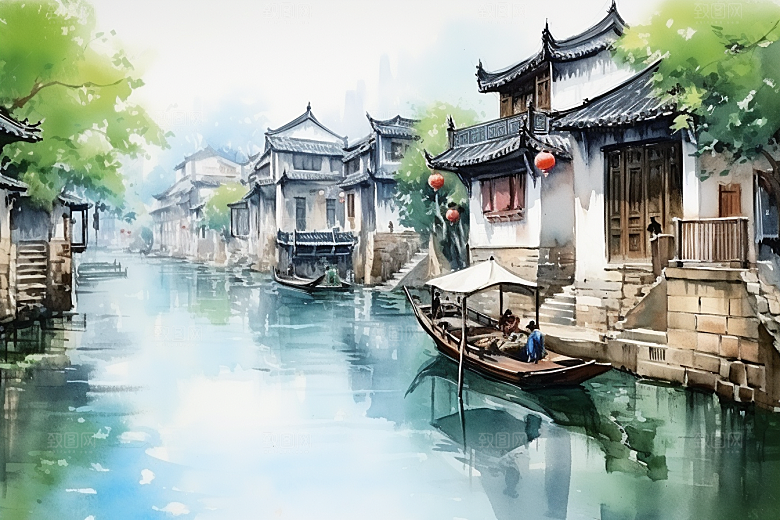 水墨江南晕染粉墙黛瓦插画