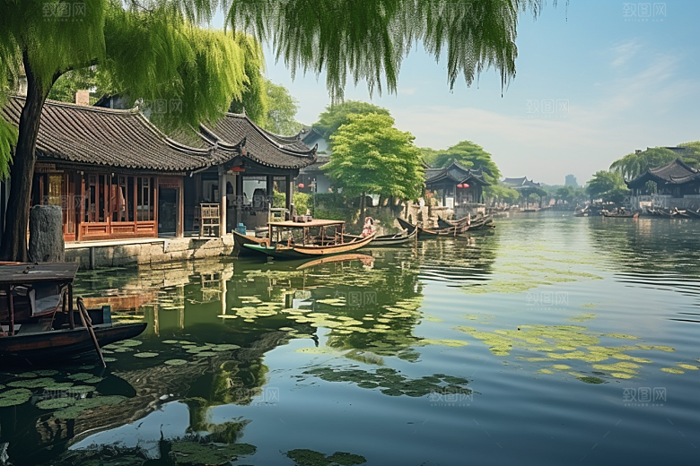 水墨江南小镇水乡插画
