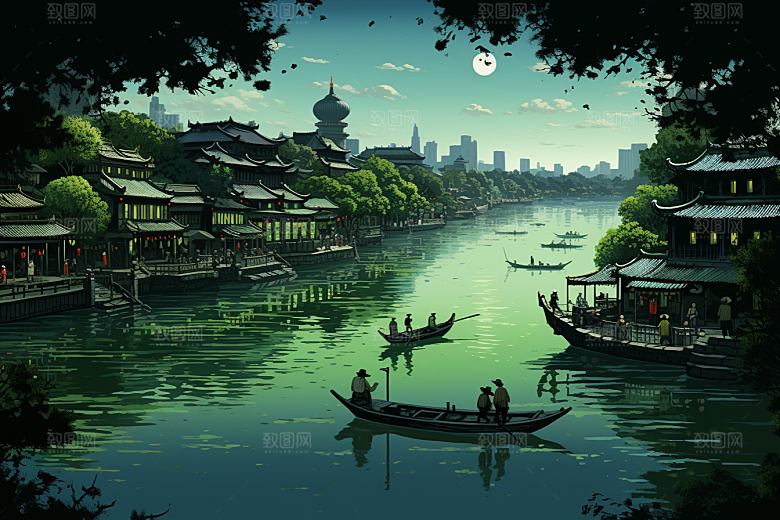 水墨江南粉墙黛瓦小桥流水插画