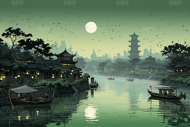 水墨江南小桥流水水乡插画