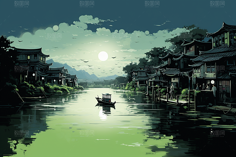 水墨江南粉墙黛瓦小镇插画