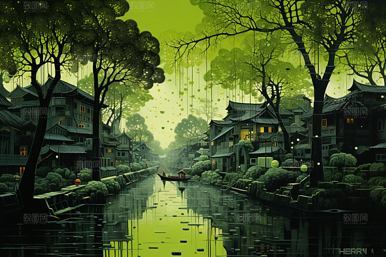 水墨江南小镇水乡插画