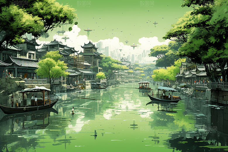 水墨江南水彩小桥流水插画