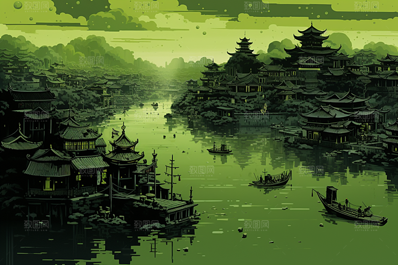 水墨江南中国风小镇插画