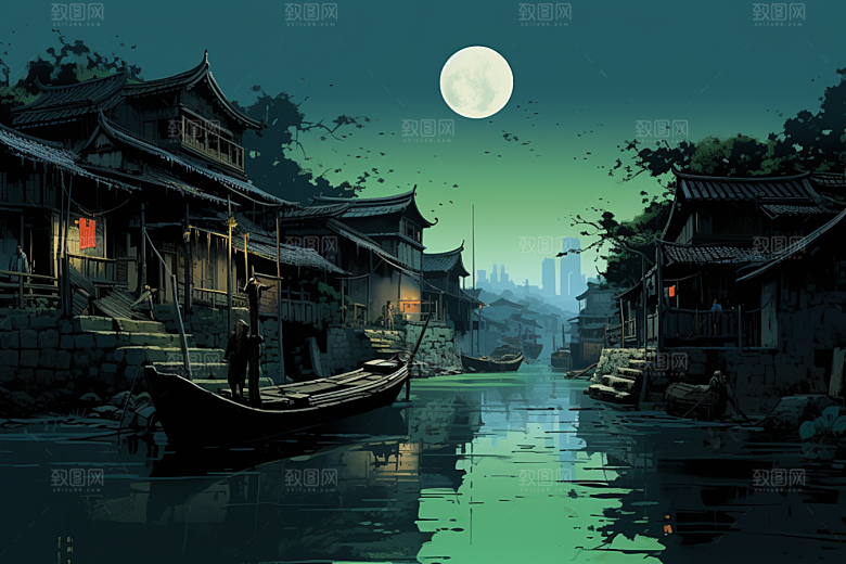 水墨江南小镇手绘插画