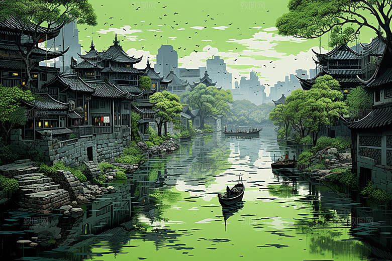 水墨江南中式小镇插画