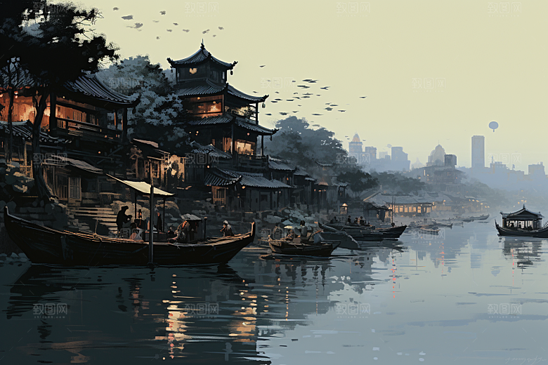 水墨江南手绘中式插画