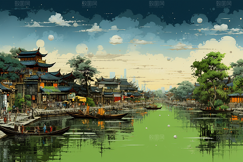 水墨江南中式小桥流水插画