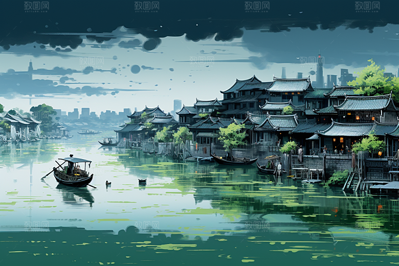 水墨江南晕染中式插画