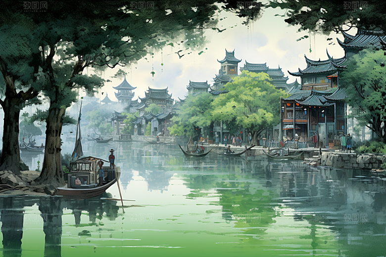 水墨江南粉墙黛瓦水乡插画