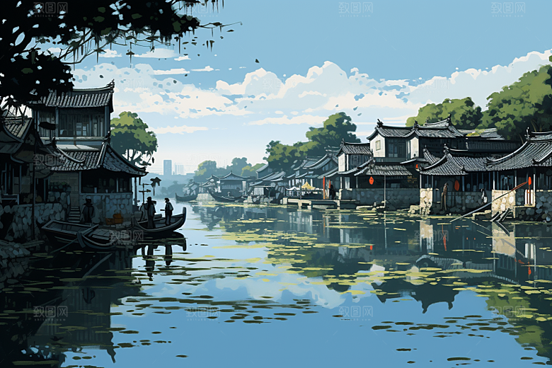 水墨江南粉墙黛瓦小桥流水插画
