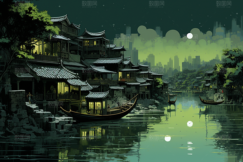 水墨江南中式小镇插画
