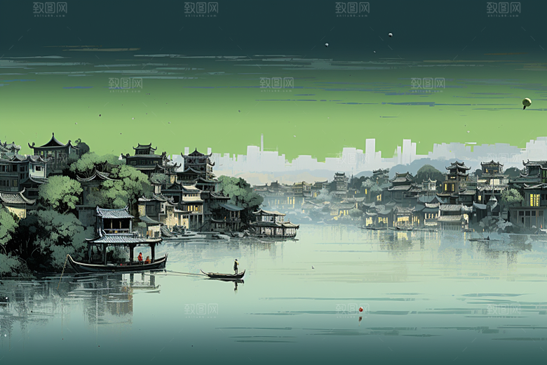 水墨江南粉墙黛瓦水彩插画