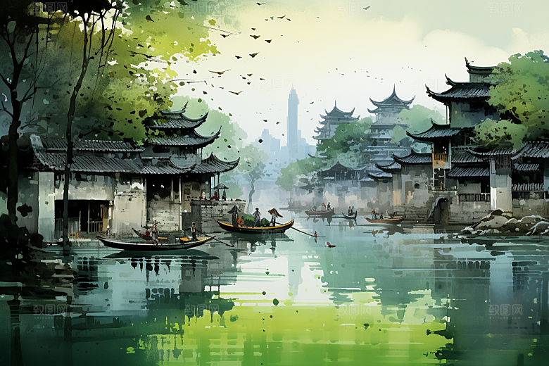 水墨江南小镇中式插画