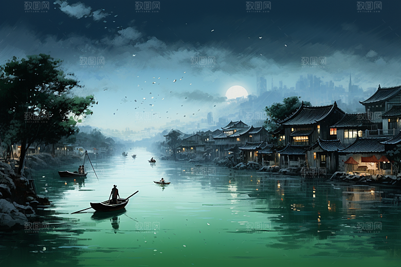 水墨江南水乡手绘插画