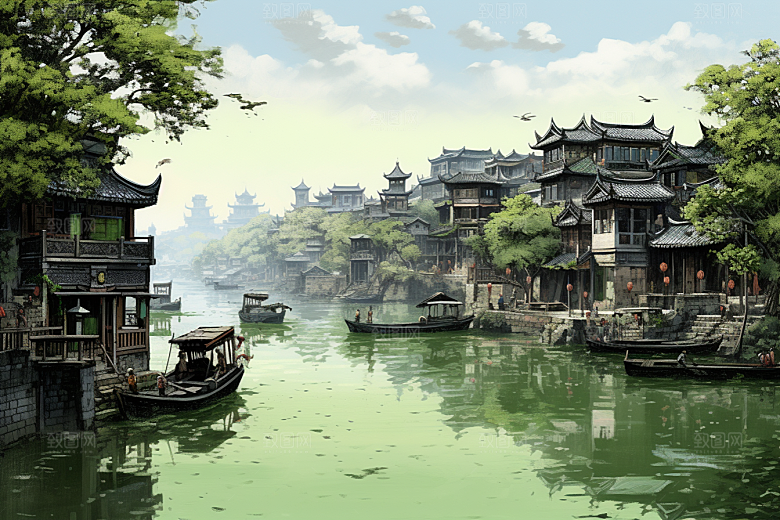 水墨江南晕染水彩插画