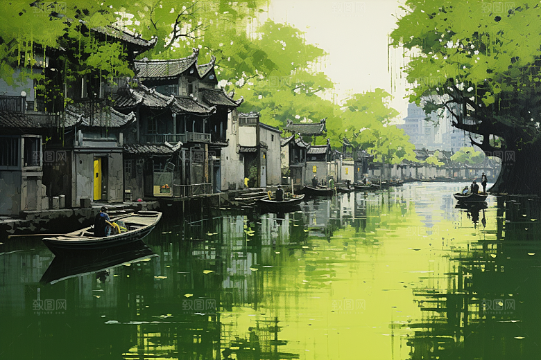 水墨江南手绘水彩插画