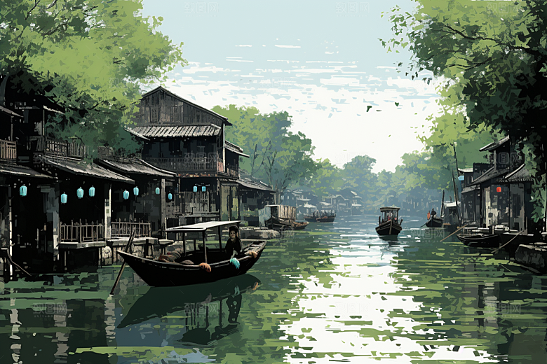 水墨江南水乡晕染插画