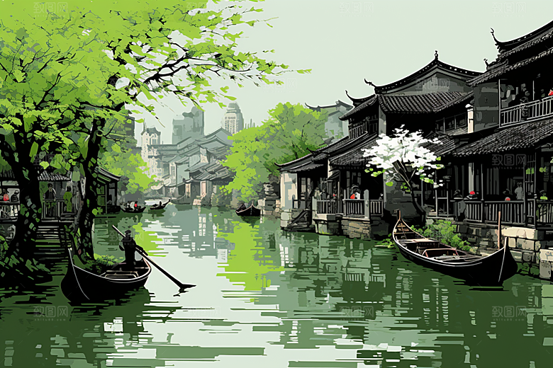 水墨江南小镇小桥流水插画