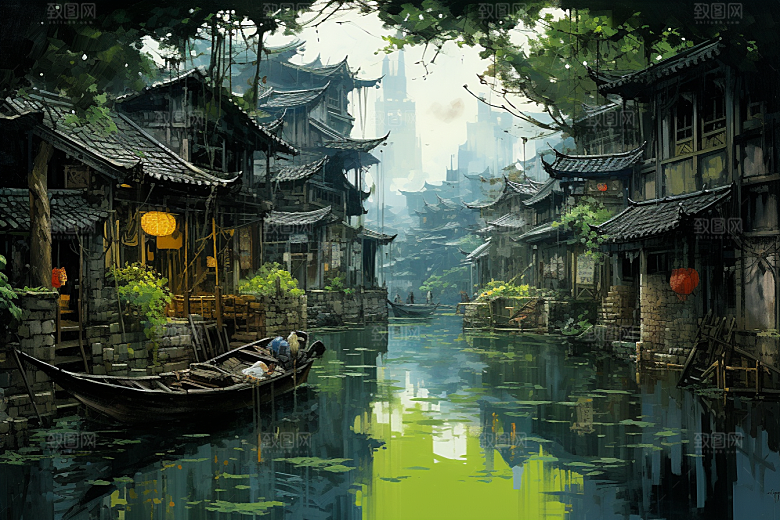水墨江南小桥流水粉墙黛瓦插画