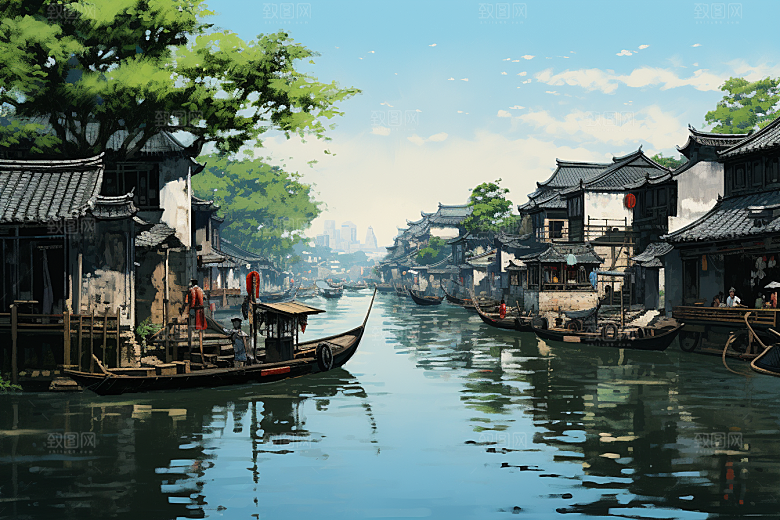 水墨江南手绘中式插画