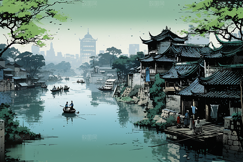 水墨江南小桥流水小镇插画