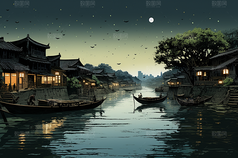 水墨江南小镇中国风插画