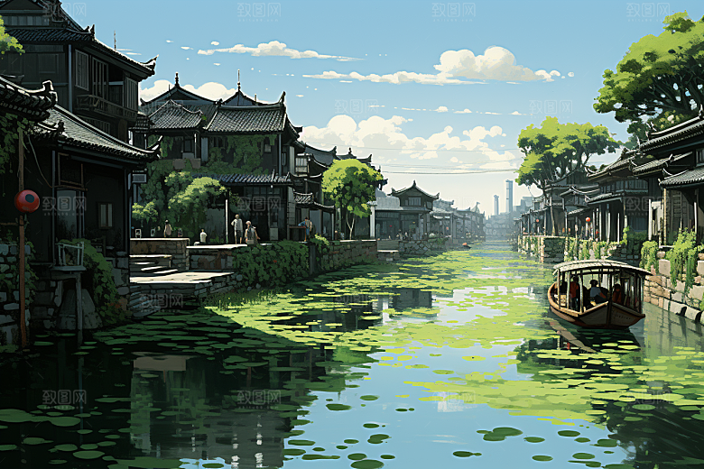 水墨江南水乡小镇插画