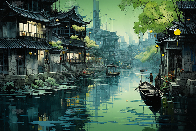 水墨江南水彩小桥流水插画