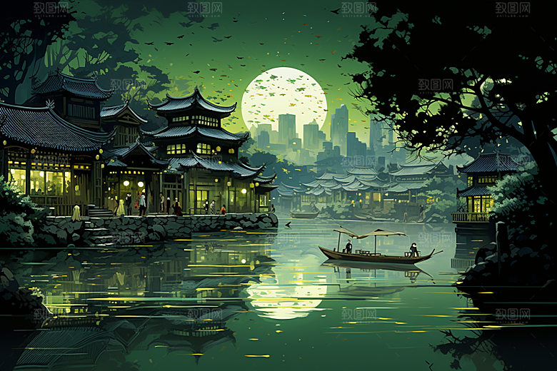 水墨江南水乡小桥流水插画