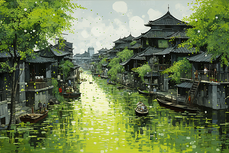 水墨江南晕染粉墙黛瓦插画