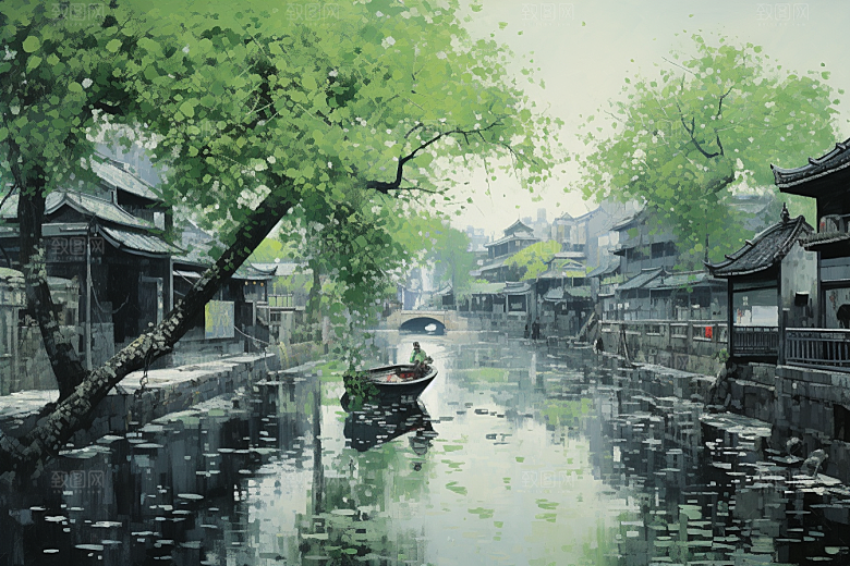 水墨江南中国风水乡插画