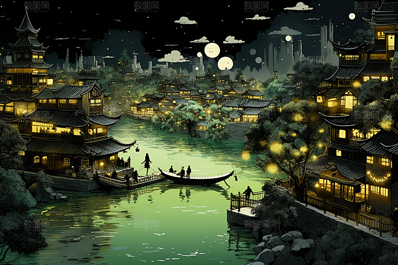 水墨江南手绘中式插画