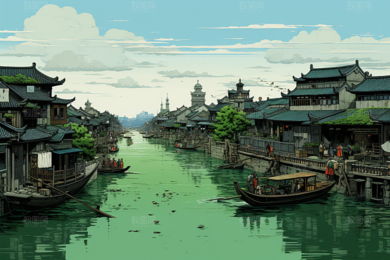 水墨江南水彩小镇插画