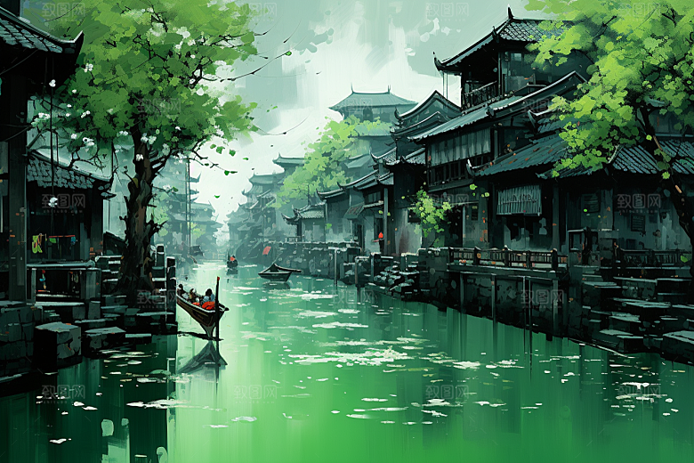 水墨江南水乡粉墙黛瓦插画