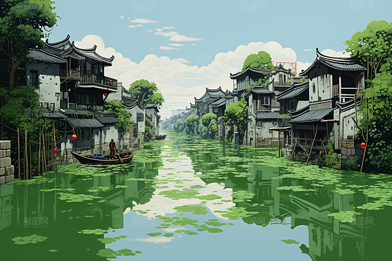 水墨江南水乡晕染插画