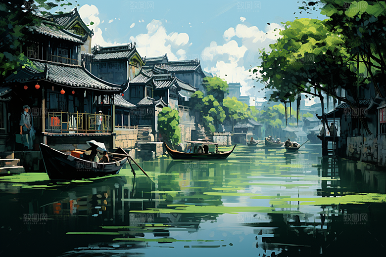 水墨江南水乡中式插画