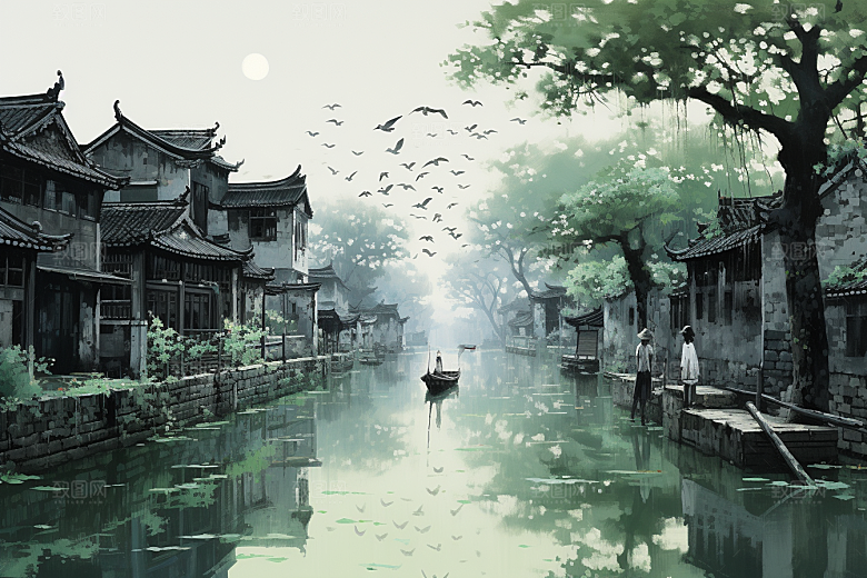 水墨江南中国风水乡插画