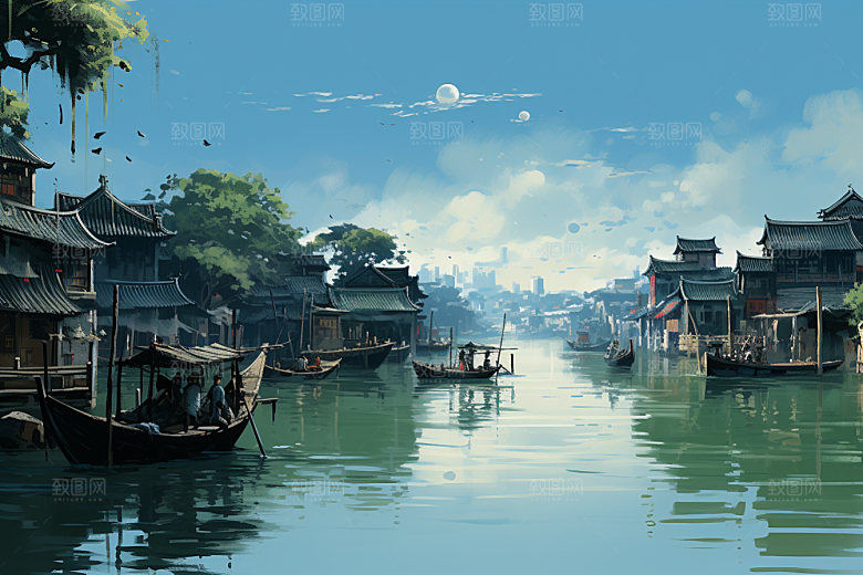 水墨江南粉墙黛瓦中国风插画