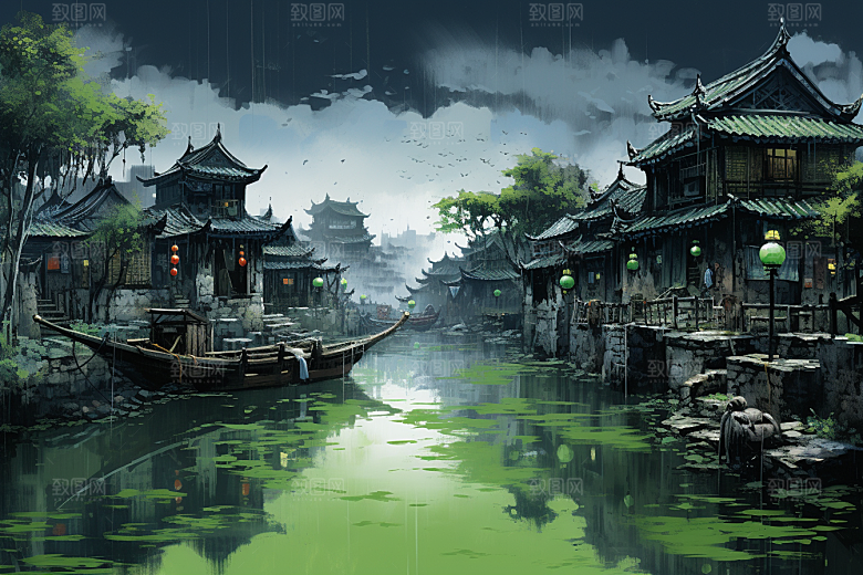 水墨江南水彩小桥流水插画