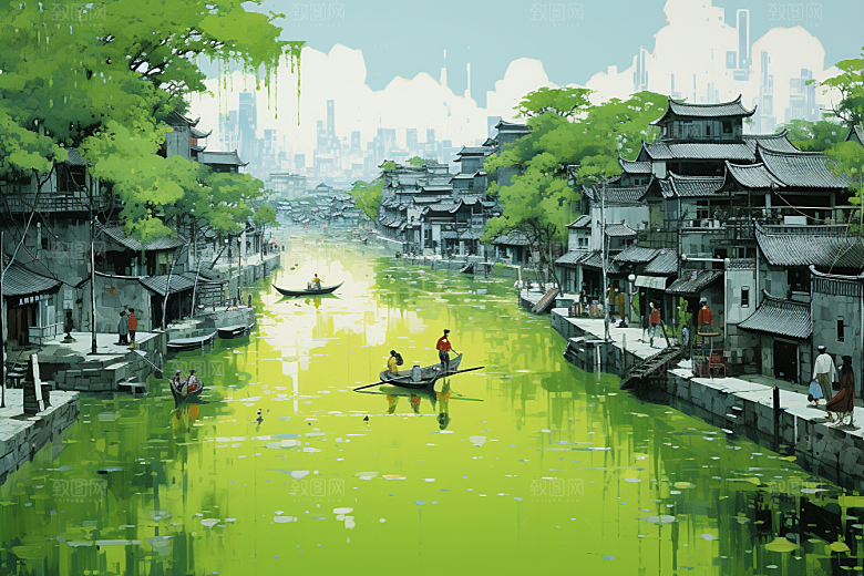 水墨江南小桥流水中式插画