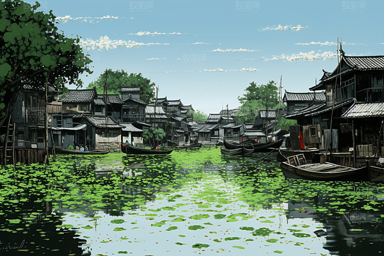 水墨江南水乡中国风插画