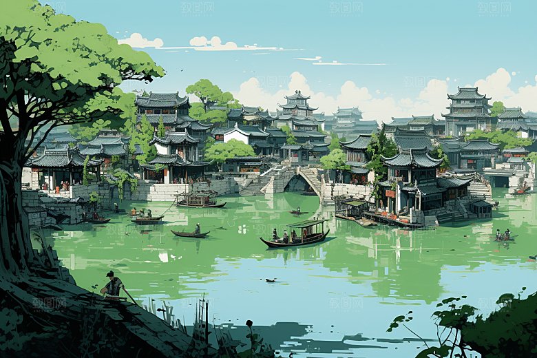 水墨江南小镇中式插画